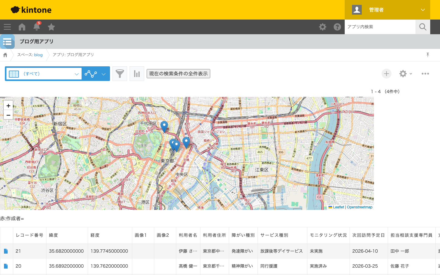 市内全域に点在する利用者のご自宅が地図上にピン表示され、赤ピン(モニタリング必要)を一目で把握できる